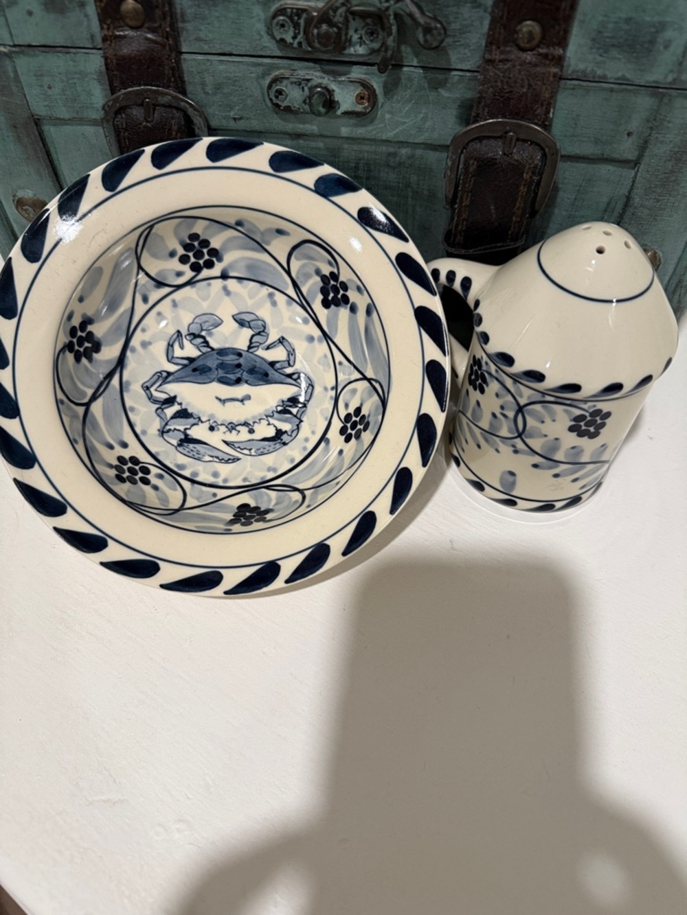 Navy and Cream Hand-Painted Crab Serving Bowl and salt or pepper shaker